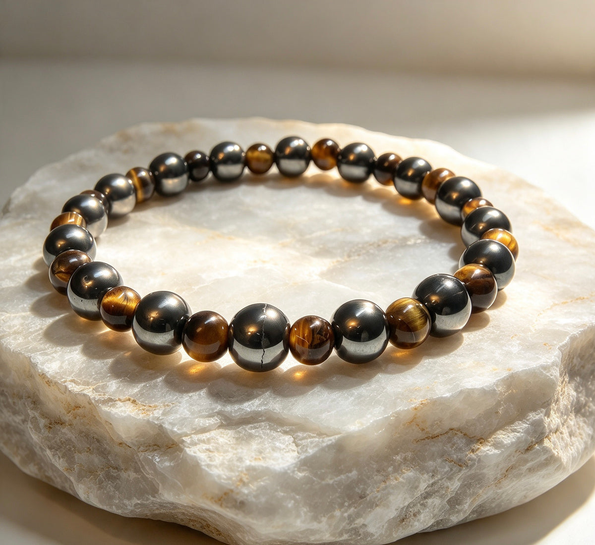 Men’s Tiger Eye & Hematite Bracelet – 6mm & 8mm Natural Stone Beads – 19cm