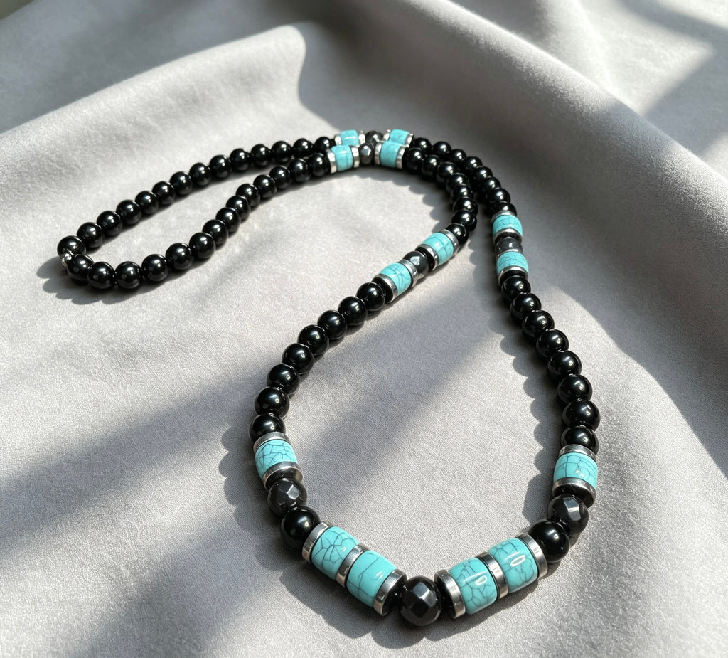 Men’s Onyx & Turquoise Beaded Necklace – 26” (66 cm) | 8 mm Handmade Necklace
