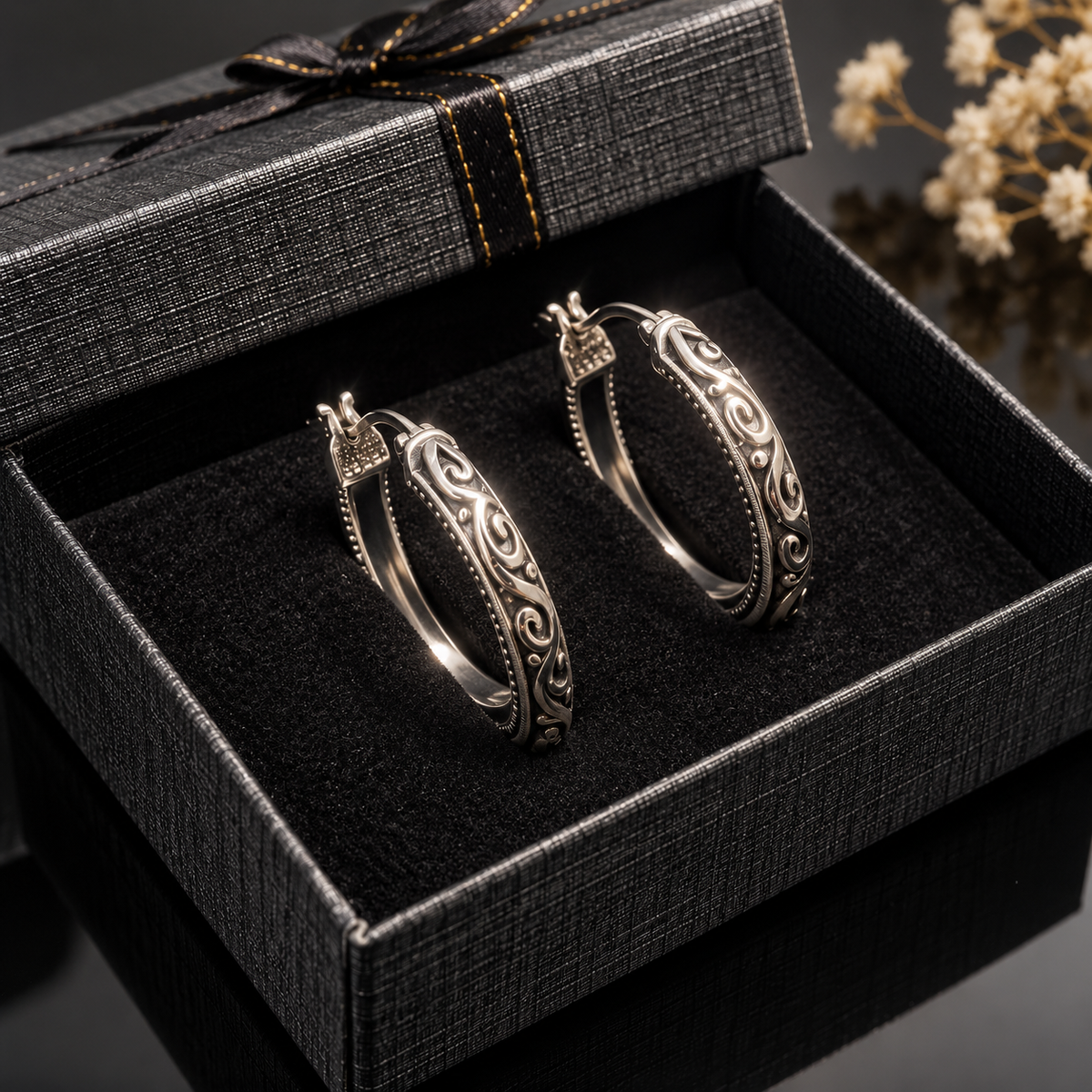 925 Sterling Silver Ornate Hoop Earrings for Women – 30mm