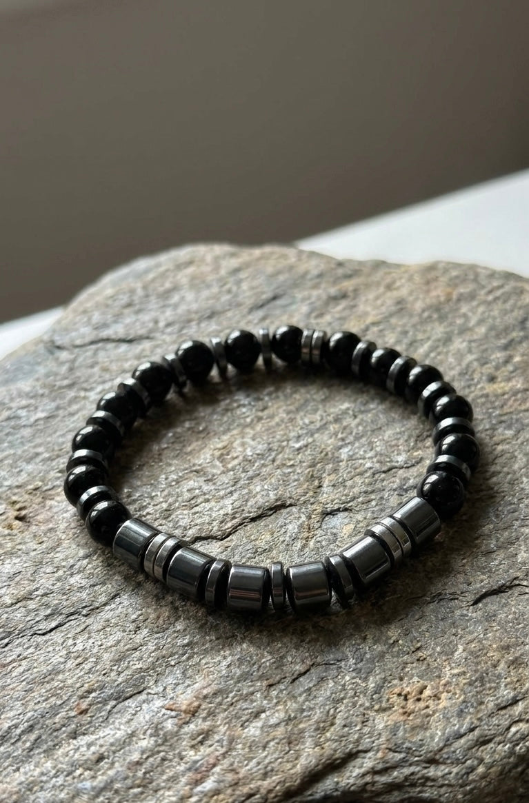Men’s Black Onyx & Hematite Bracelet – 19 cm – Natural Stone Bracelet – Any Size Available