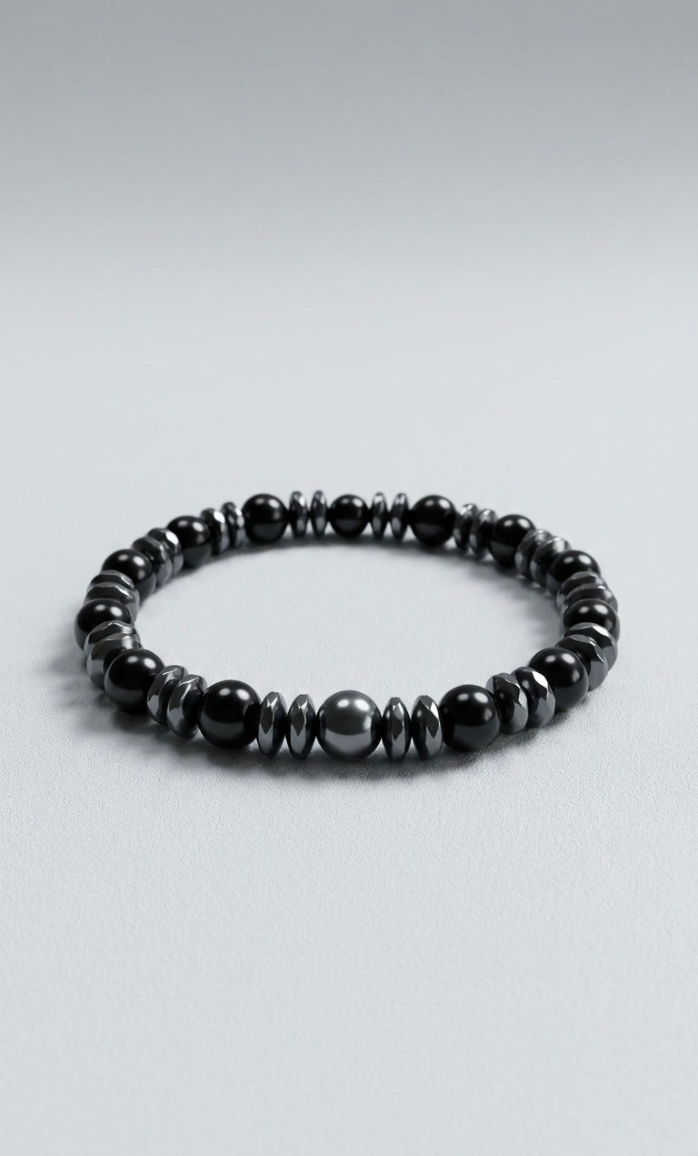 Black Onyx & Hematite Bracelet – 19 cm | Minimal Men’s Beaded Bracelet