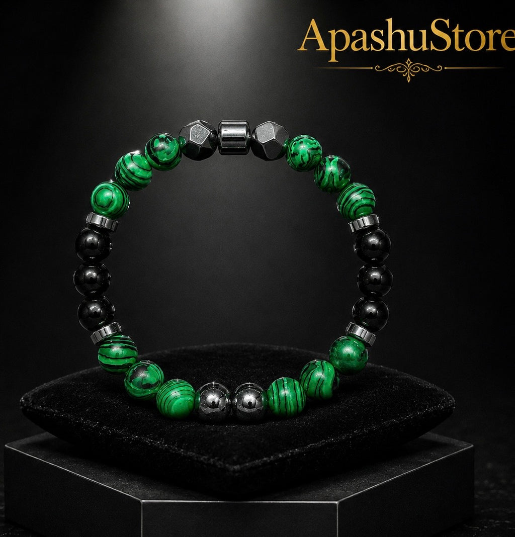 Women’s 8mm Green Malachite, Black Onyx & Hematite Bracelet – 17cm – Handmade – Any Size Available