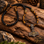 Men's Black Onyx & Tiger Eye Thor's Hammer Necklace – Viking Mjölnir Pendant | Handmade Natural Stone Jewellery