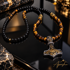 Men's Black Onyx & Tiger Eye Thor's Hammer Necklace – Viking Mjölnir Pendant | Handmade Natural Stone Jewellery