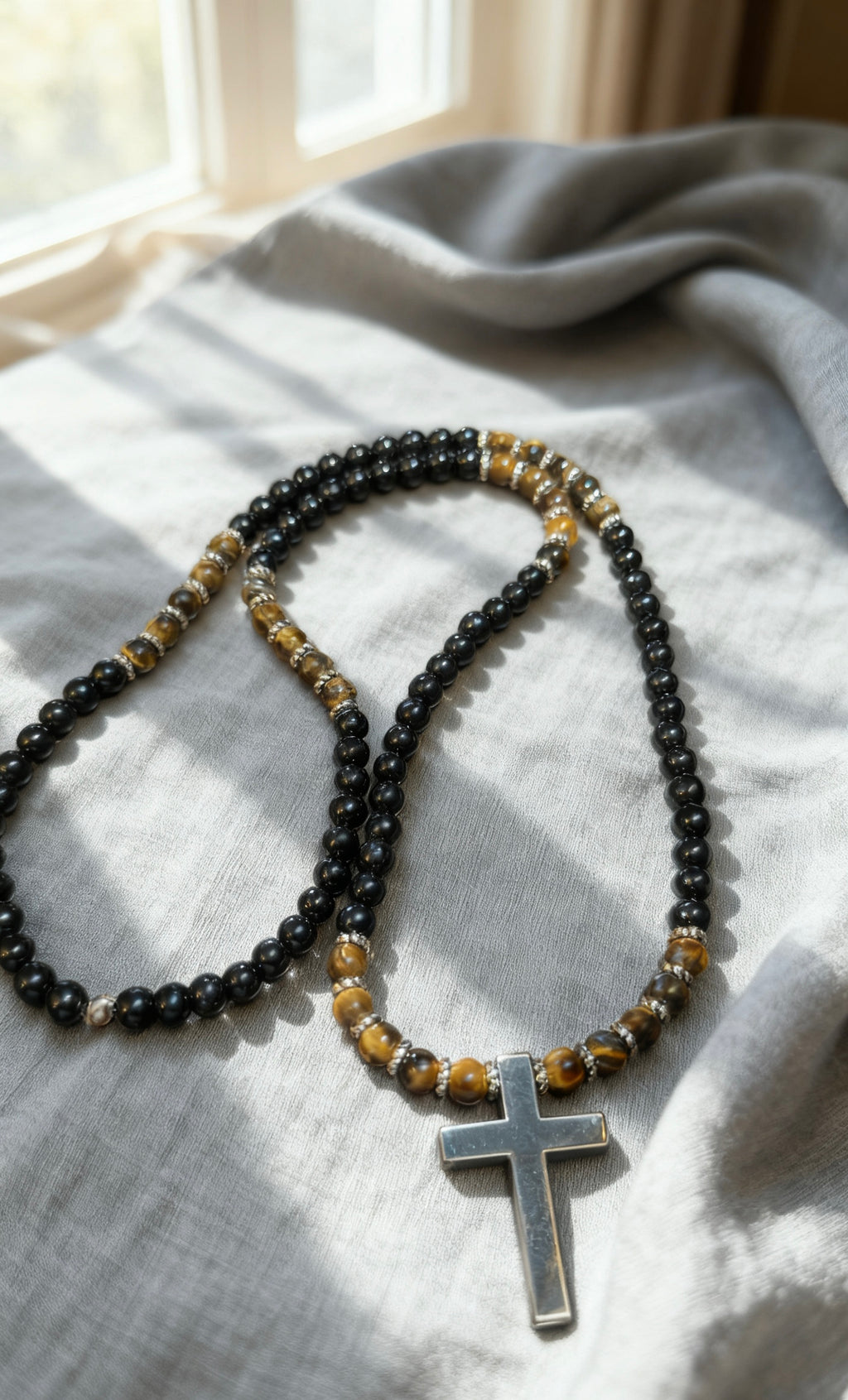 Black Onyx & Tiger Eye Cross Necklace for Men | Slip On Beaded Necklace | Natural Stone Christian Necklace | Masculine Jewelry