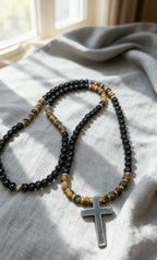 Black Onyx & Tiger Eye Cross Necklace for Men | Slip On Beaded Necklace | Natural Stone Christian Necklace | Masculine Jewelry
