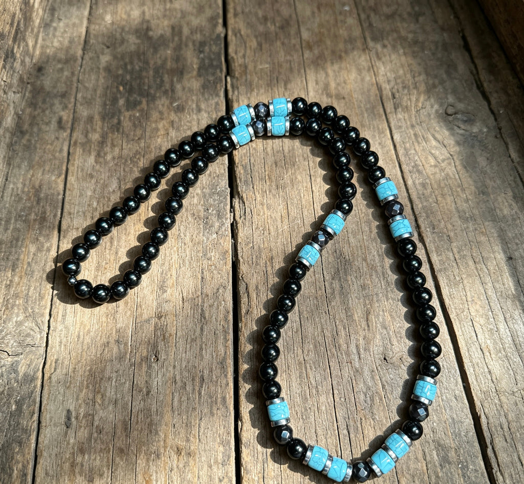 Men’s Onyx & Turquoise Beaded Necklace – 26” (66 cm) | 8 mm Handmade Necklace