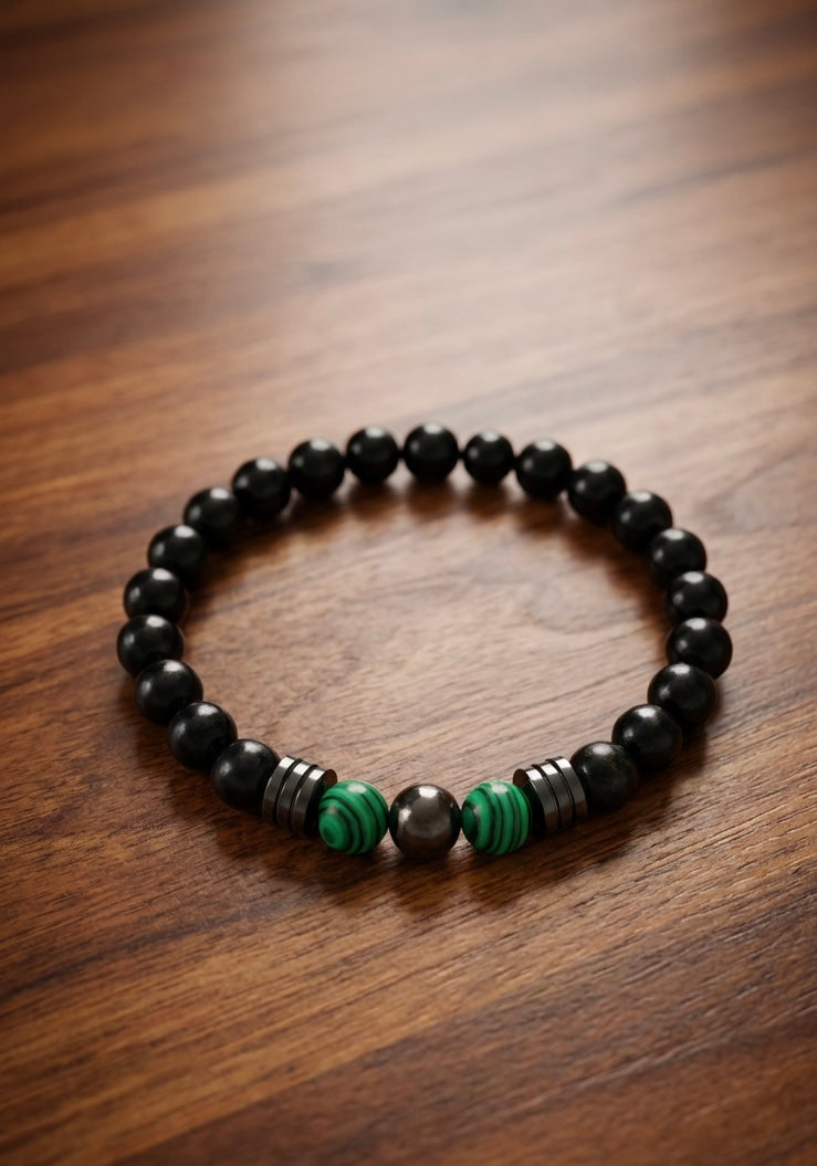 Men’s Black Stone & Green Malachite Bracelet – 19 cm