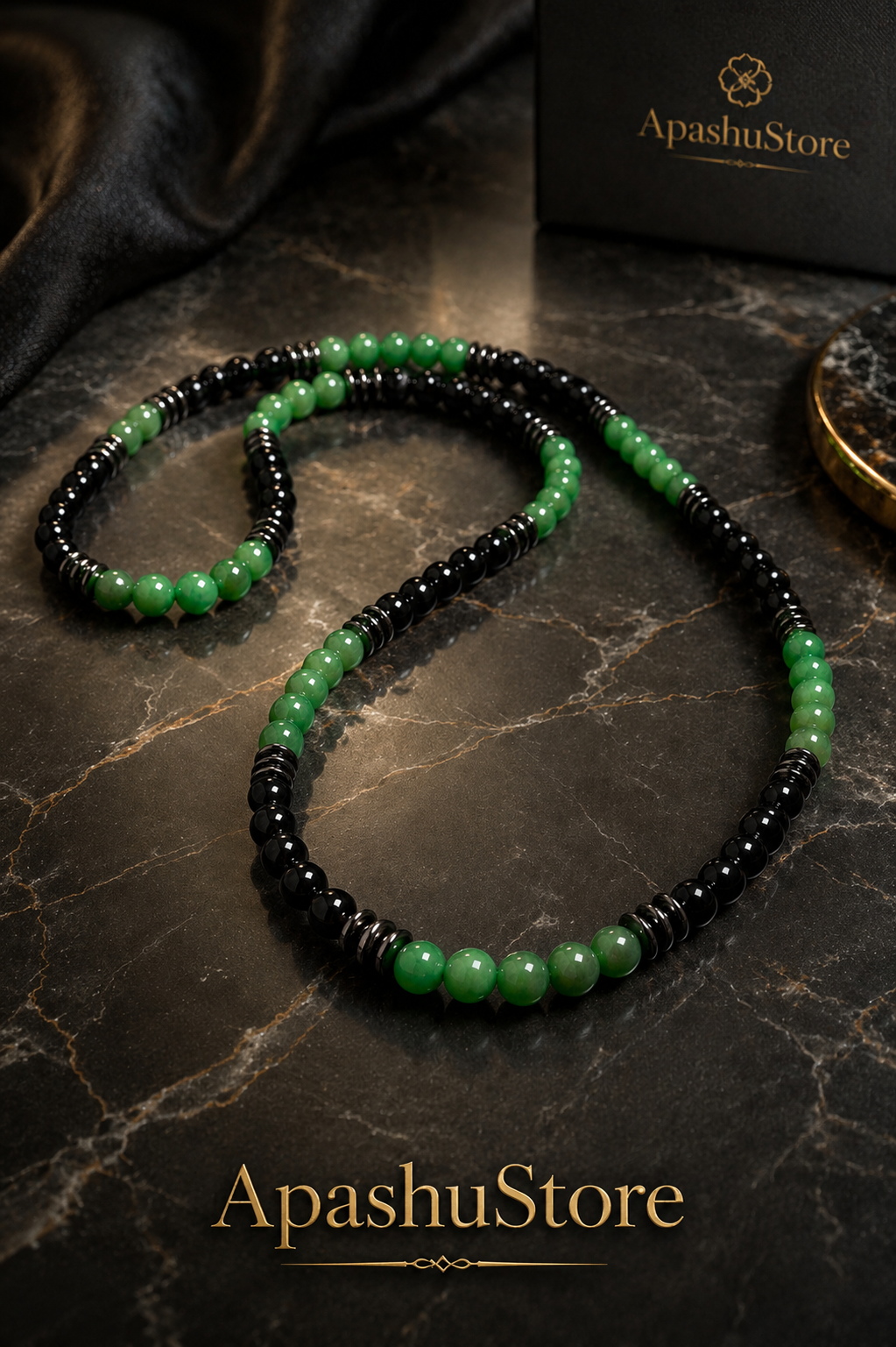 Handmade Black Onyx & Green Jade Style Beaded Necklace – 26 Inch / Slip-On Men’s Necklace