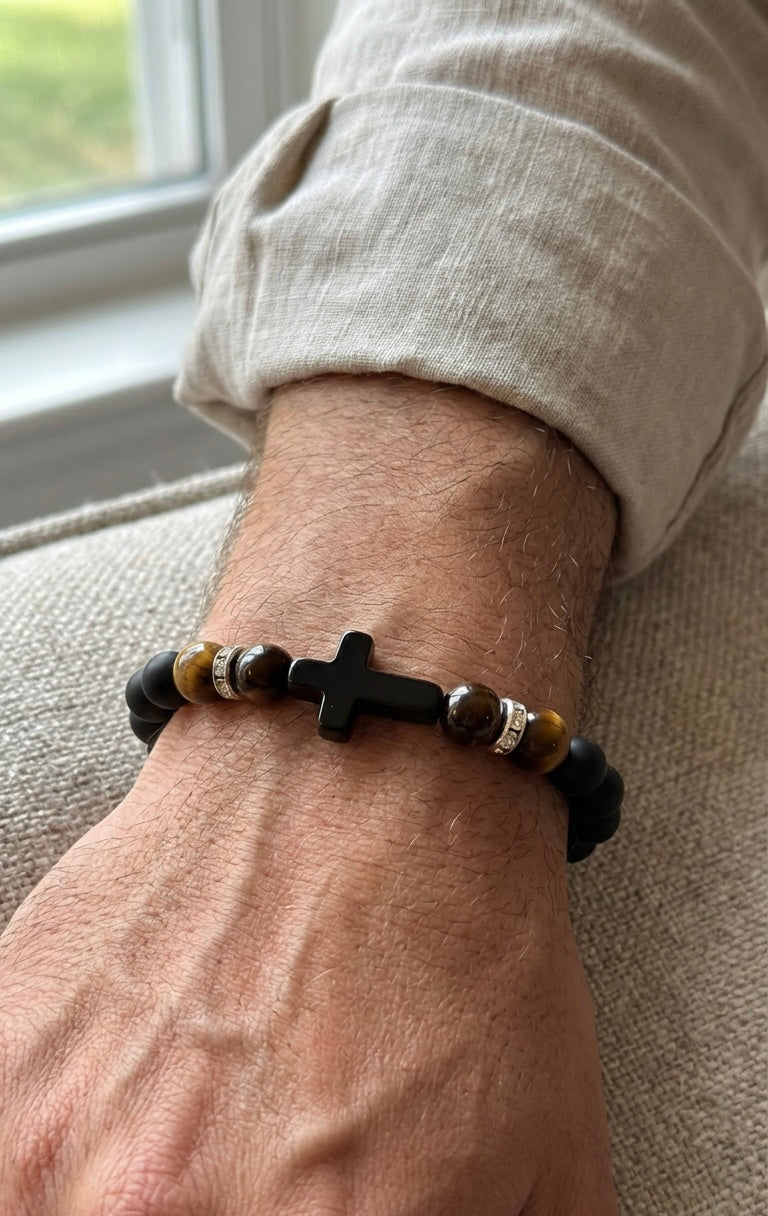 Black Onyx & Tiger Eye Cross Bracelet – Any Size – 19 cm Default – Men Women Gift