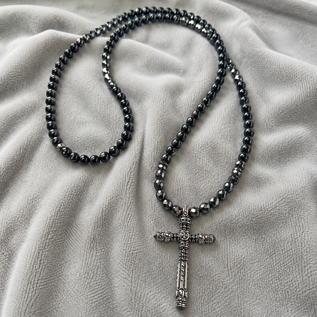 Men’s Black Onyx & Hematite Cross Necklace – 6mm Beads – Stainless Steel Cross – Custom Length