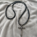 Men’s Black Onyx & Hematite Cross Necklace – 6mm Beads – Stainless Steel Cross – Custom Length