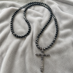 Men’s Black Onyx & Hematite Cross Necklace – 6mm Beads – Stainless Steel Cross – Custom Length