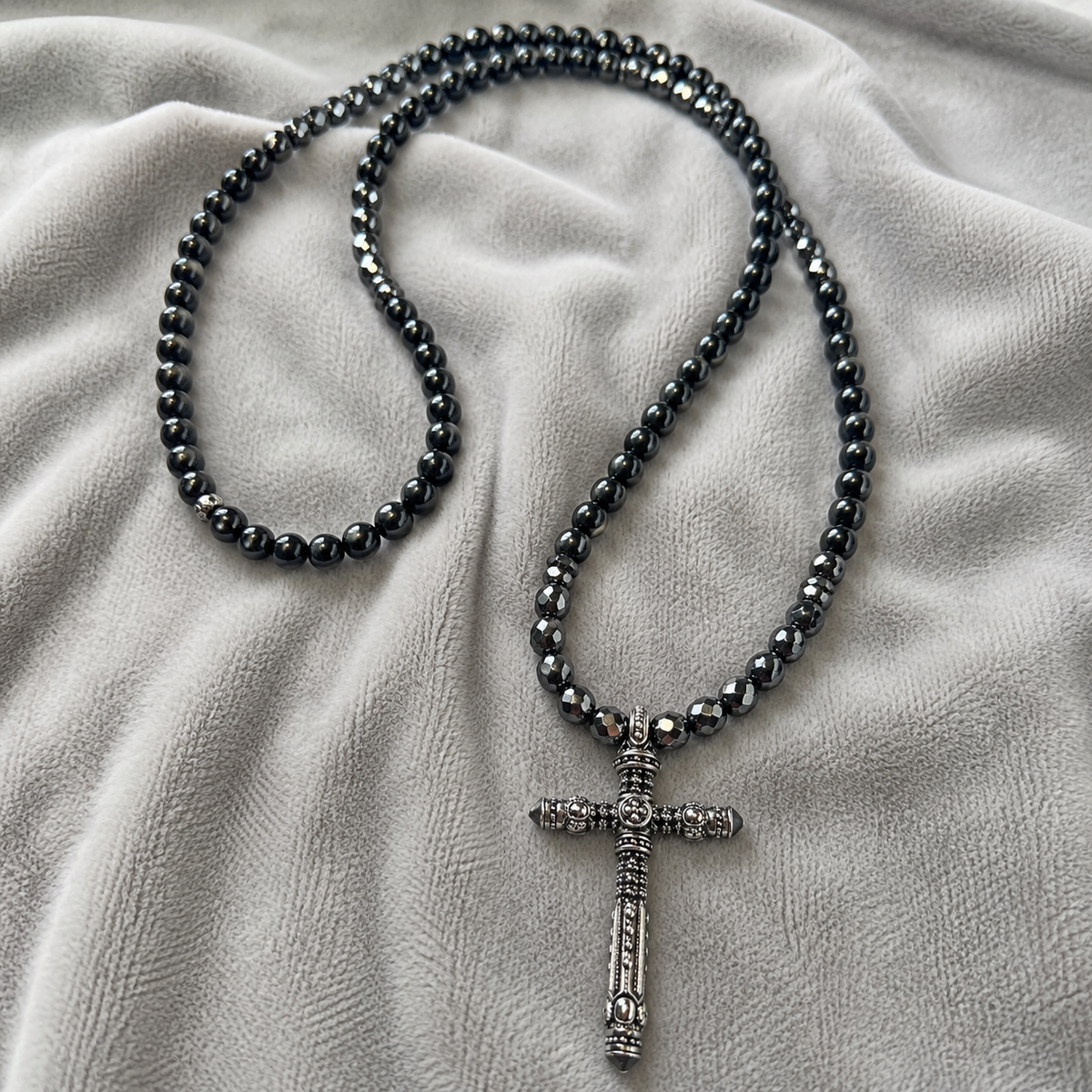 Men’s Black Onyx & Hematite Cross Necklace – 6mm Beads – Stainless Steel Cross – Custom Length
