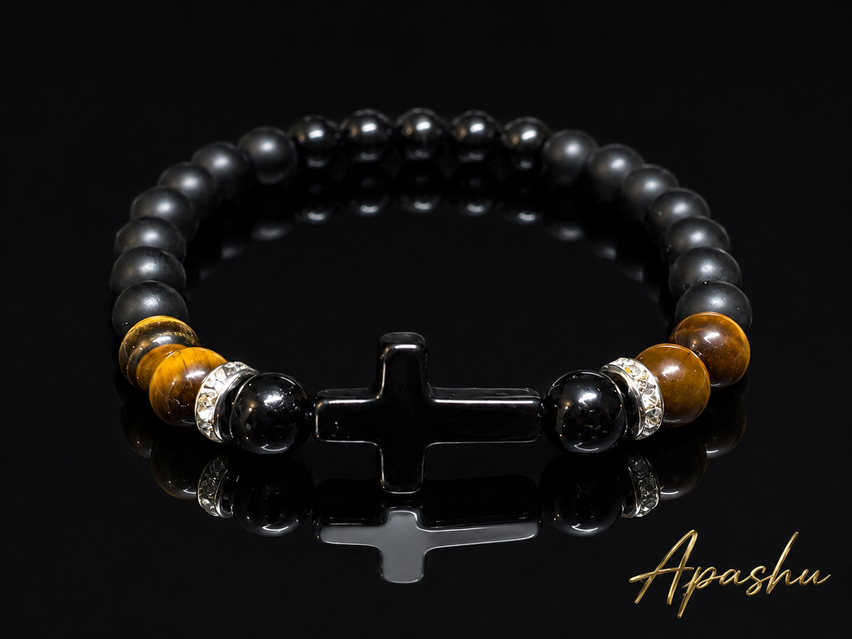 Black Onyx & Tiger Eye Cross Bracelet – Any Size – 19 cm Default – Men Women Gift
