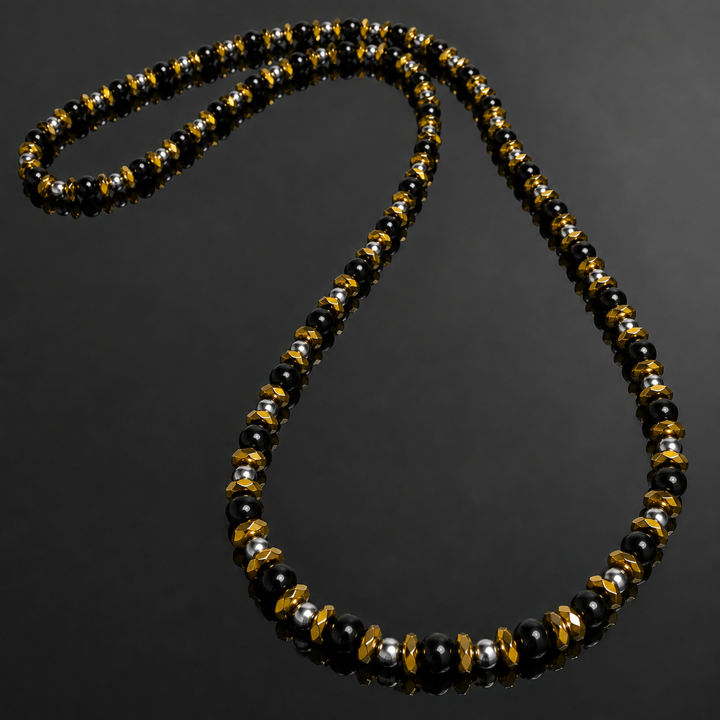 Men’s Black Onyx & Hematite Necklace – 6mm & 4mm Beads – 26 Inch Slip-On – Custom Length