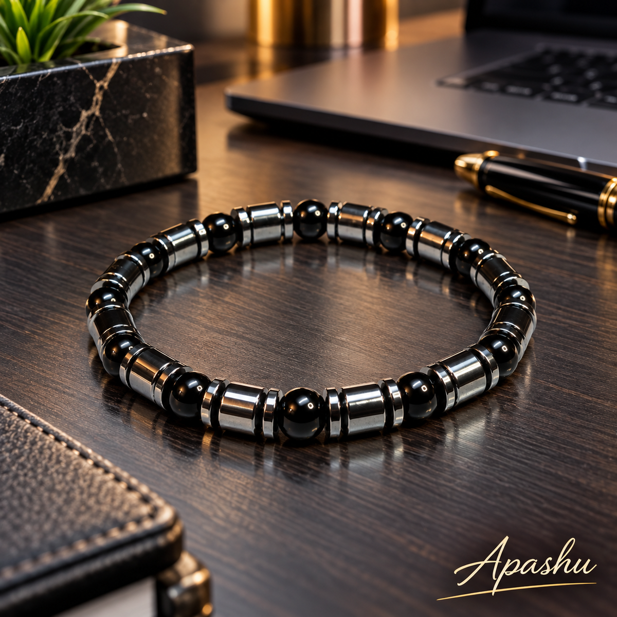 Men’s Black Onyx & Hematite Bracelet – Natural Stone Beaded Bracelet