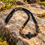 Men’s Black Onyx & Tiger Eye Cross Necklace – 22 Inch – 6mm Natural Stone Beads