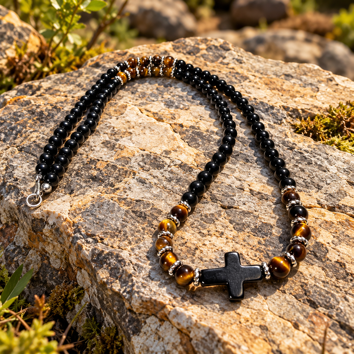 Men’s Black Onyx & Tiger Eye Cross Necklace – 22 Inch – 6mm Natural Stone Beads