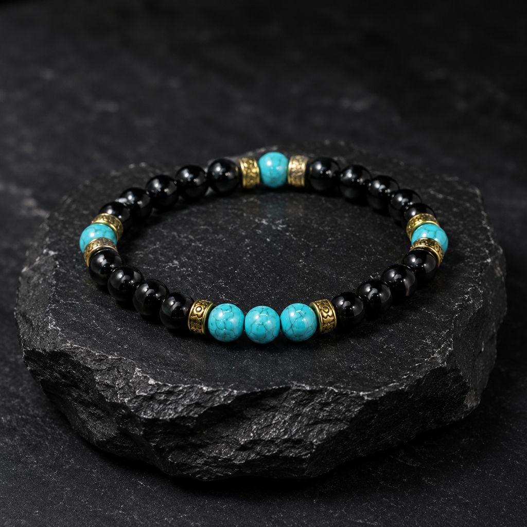 Handmade Black Onyx & Turquoise Bracelet, 8mm Gemstone Beaded Bracelet, Unisex Jewelry, Stretch Bracelet, Custom Size Gift for Men & Women