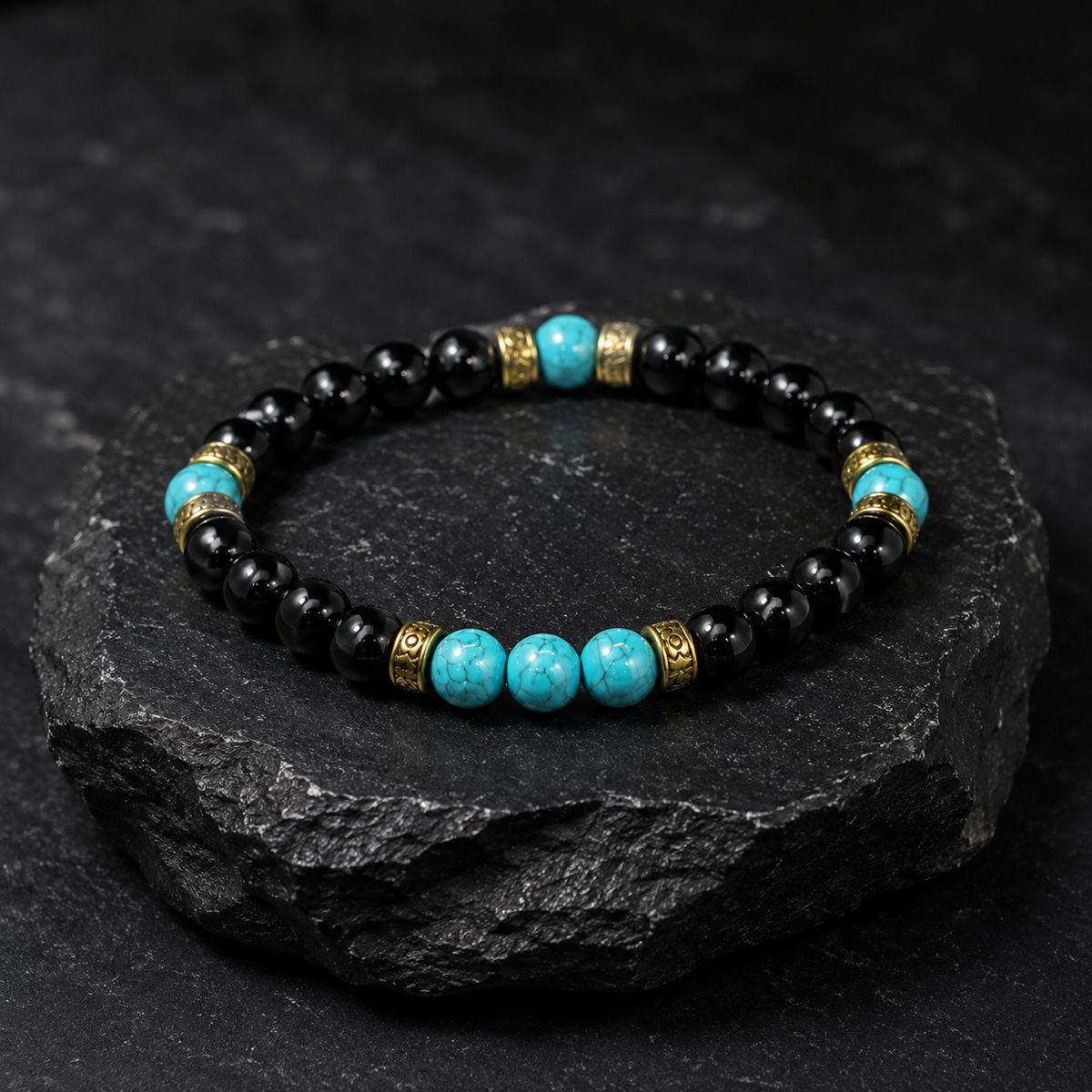 Handmade Black Onyx & Turquoise Bracelet, 8mm Gemstone Beaded Bracelet, Unisex Jewelry, Stretch Bracelet, Custom Size Gift for Men & Women