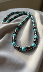 Men’s 6mm Turquoise and Hematite Choker Necklace, Handmade Gemstone Beaded Necklace, Minimalist Jewelry Gift for Him