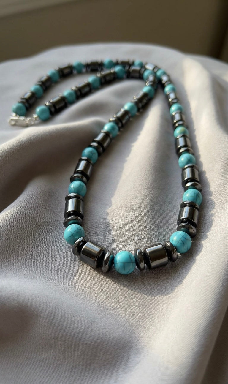 Men’s 6mm Turquoise and Hematite Choker Necklace, Handmade Gemstone Beaded Necklace, Minimalist Jewelry Gift for Him