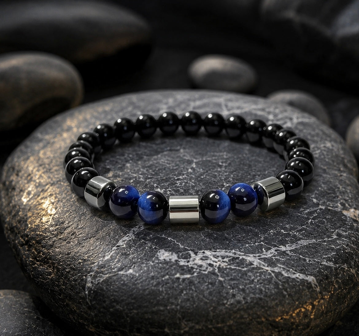 Luxury Black Onyx & Blue Tiger Eye Beaded Bracelet – 19cm – 8mm Natural Stone Bracelet – Handmade – Any Size Available