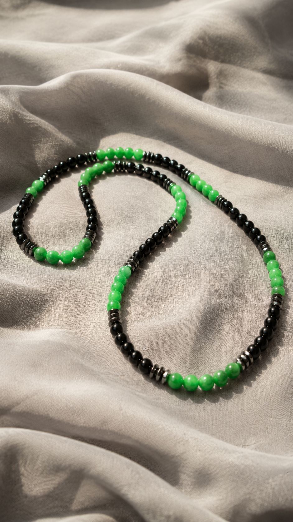 Handmade Black Onyx & Green Jade Style Beaded Necklace – 26 Inch / Slip-On Men’s Necklace