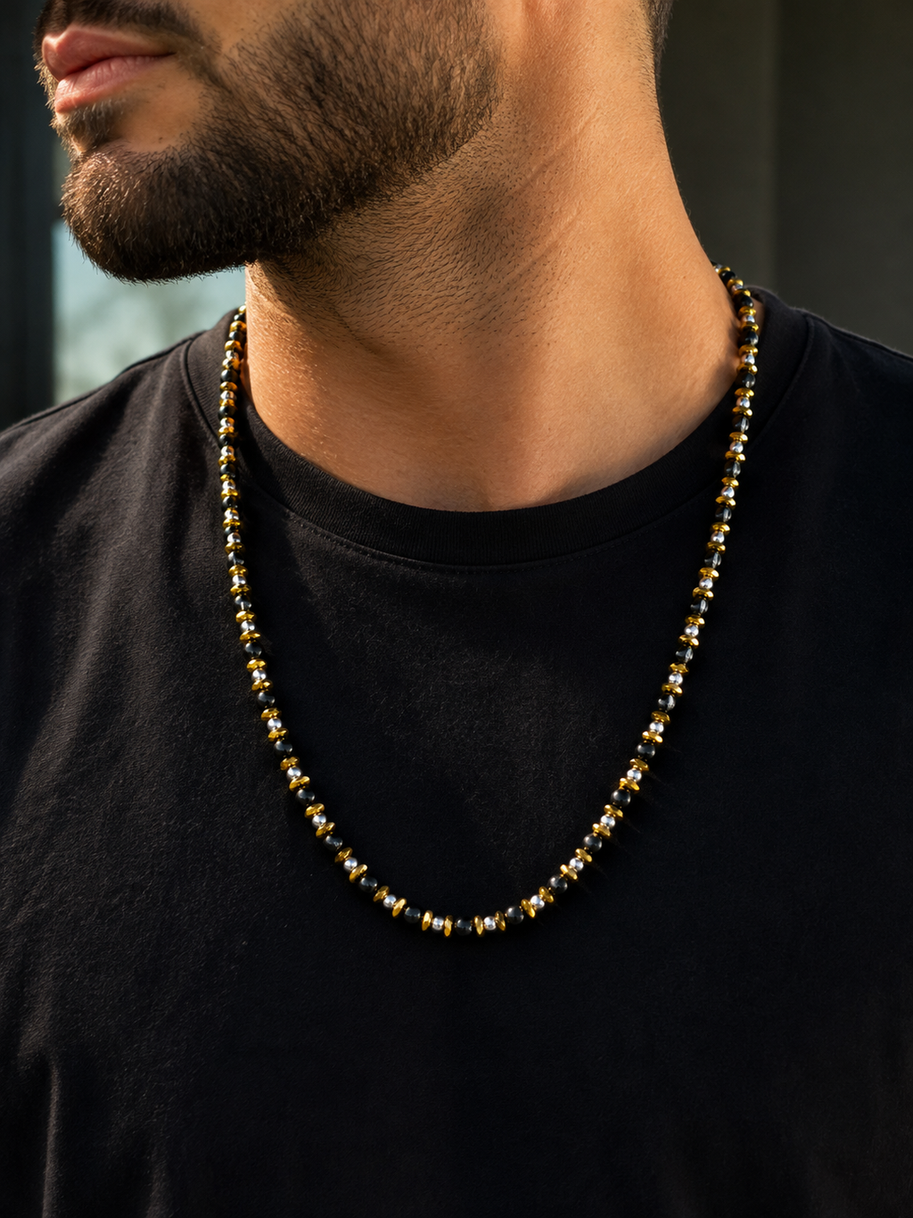Men’s Black Onyx & Hematite Necklace – 6mm & 4mm Beads – 26 Inch Slip-On – Custom Length