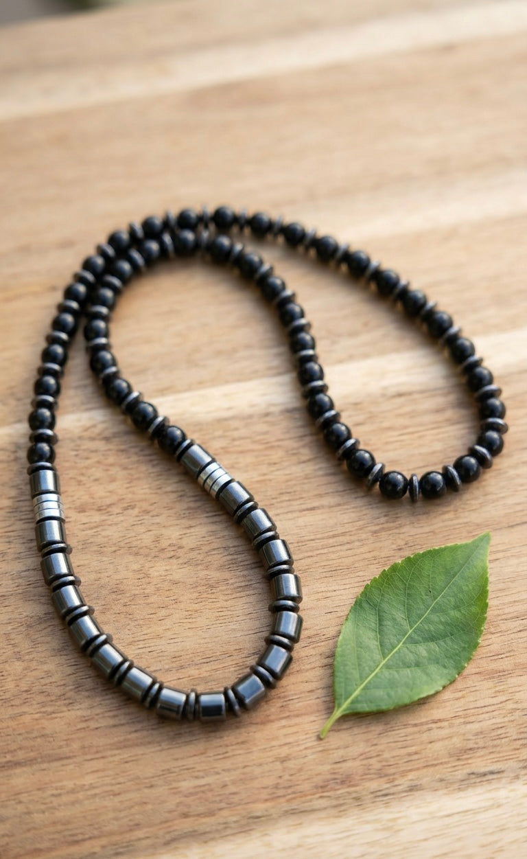 Black Onyx & Hematite Necklace 60cm – Men’s Luxury Beaded Chain, Minimalist Statement Jewelry, Gift for Him