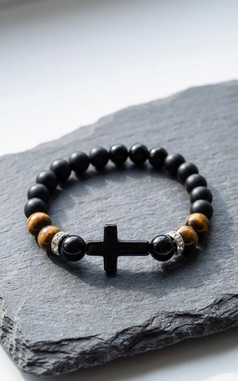 Black Onyx & Tiger Eye Cross Bracelet – Any Size – 19 cm Default – Men Women Gift