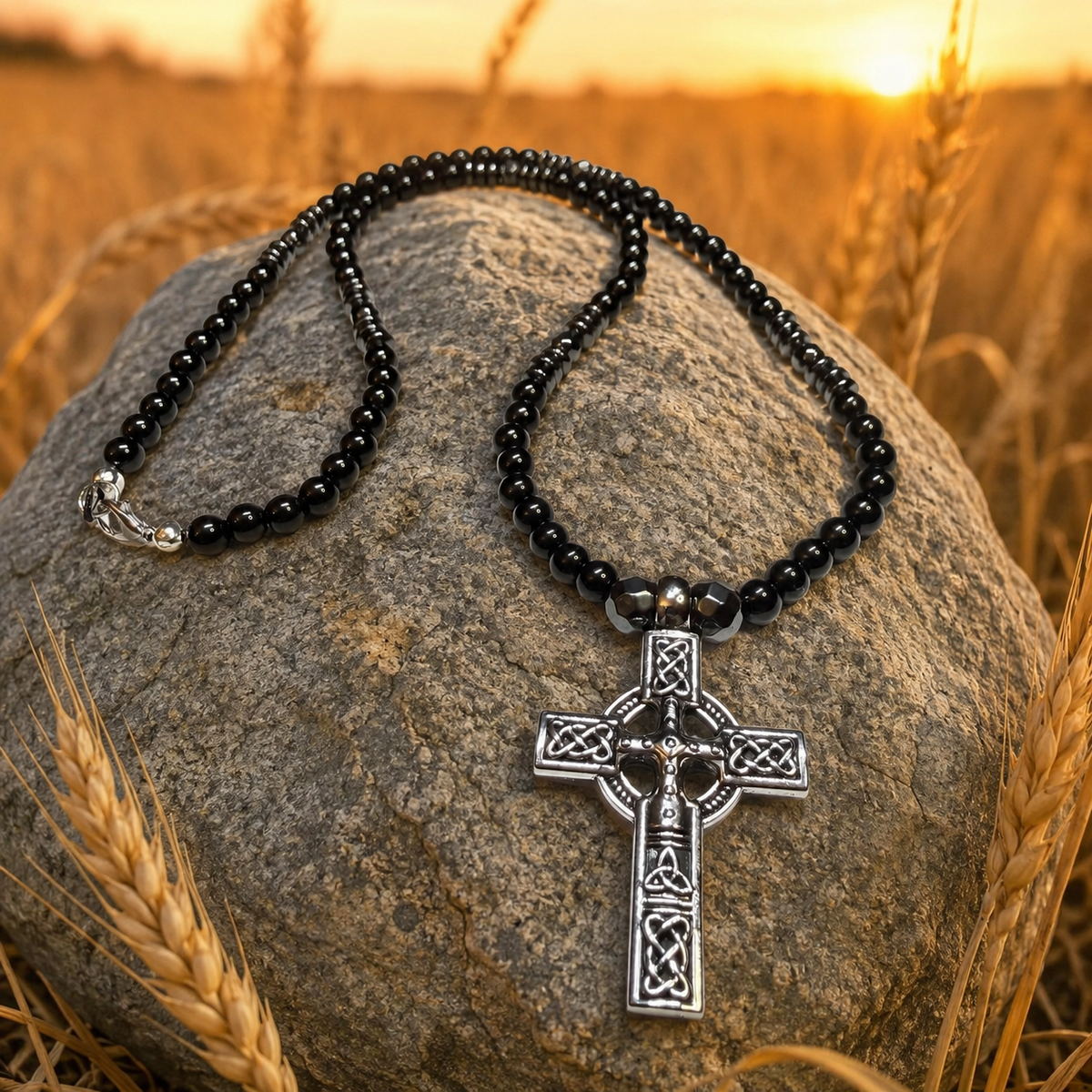 Men’s Black Onyx & Hematite Celtic Cross Necklace – 6mm Natural Stone Beads – Stainless Steel Cross – Handmade – Custom Size