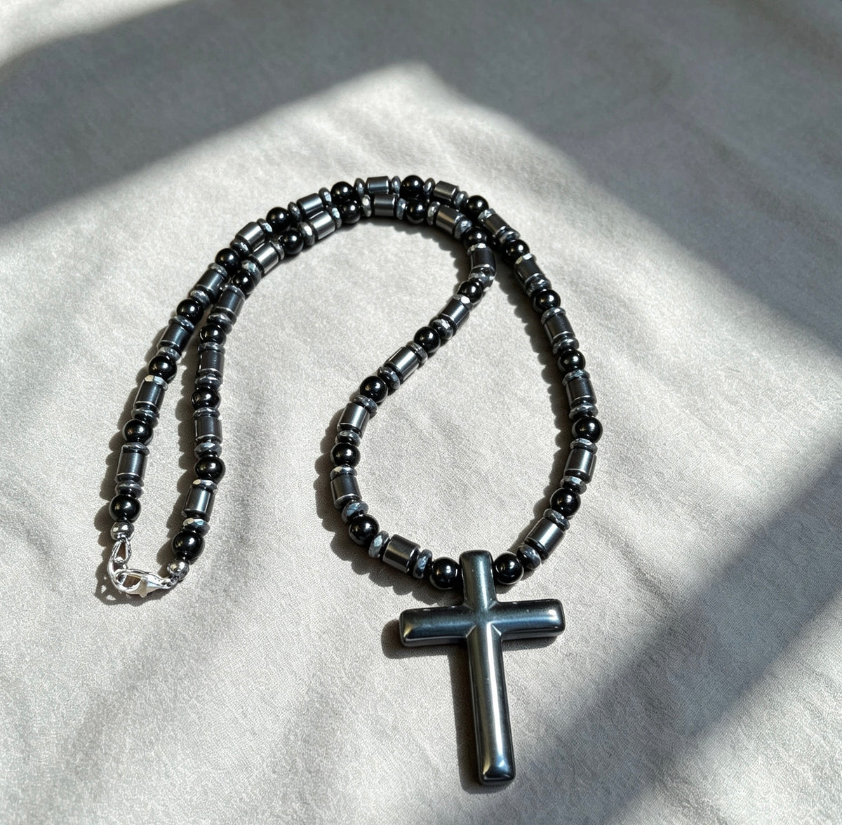 Black Onyx & Hematite Cross Necklace – 21 Inch Handmade Men’s Necklace – 6mm Natural Gemstone Beads – Christian Cross Pendant – Custom Sizes Available