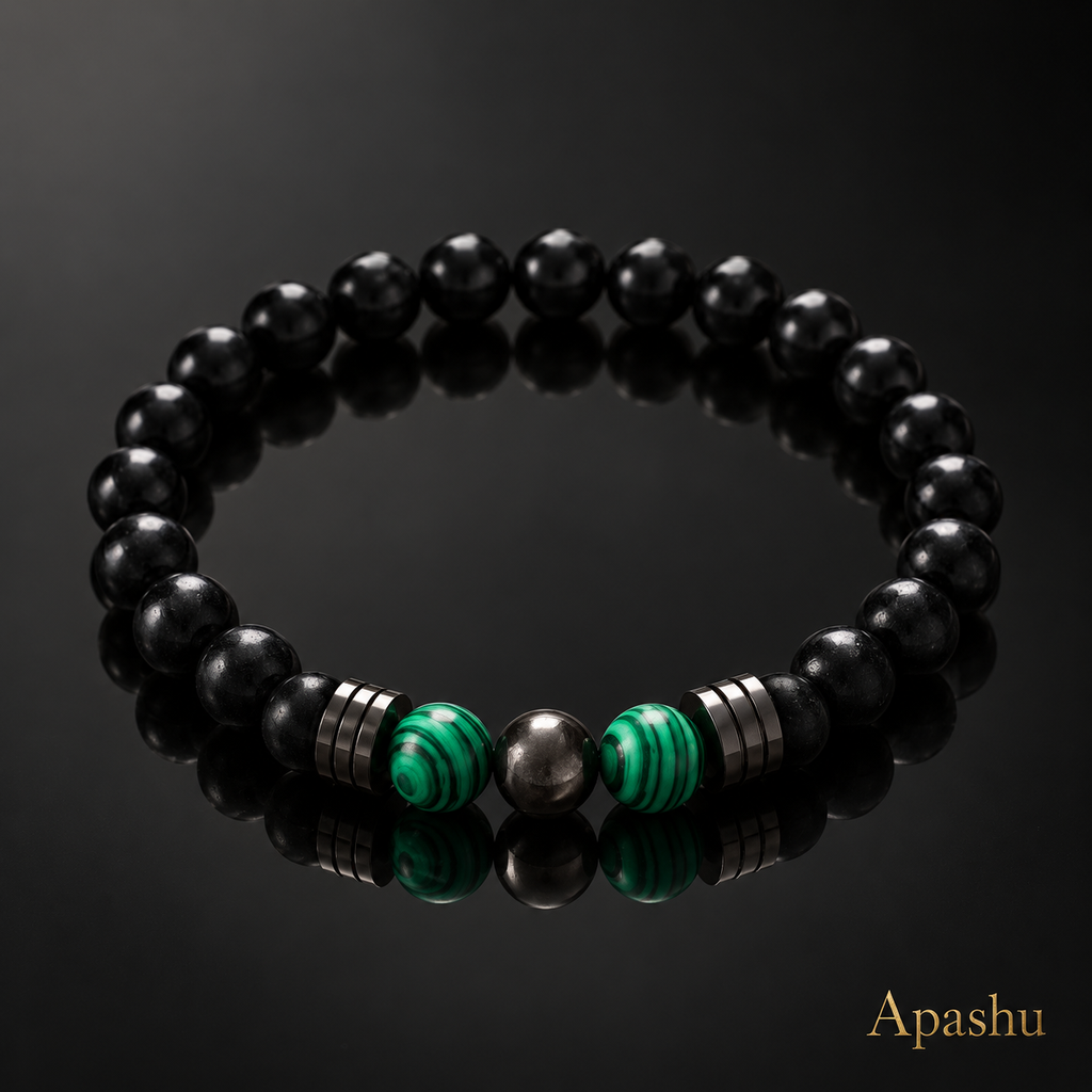 Men’s Black Stone & Green Malachite Bracelet – 19 cm