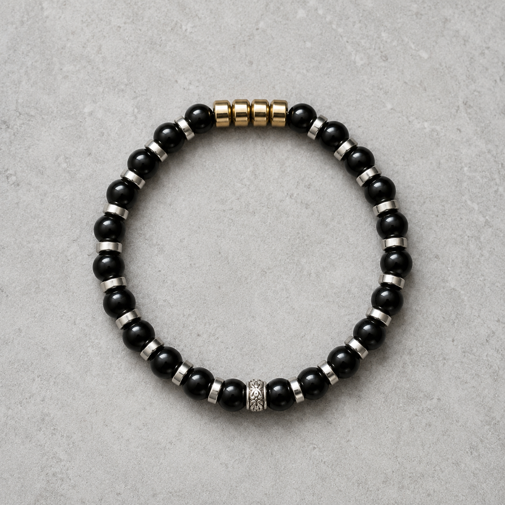 Black Onyx & Hematite Bracelet Silver Spacer Beaded Unisex 19cm Any Size