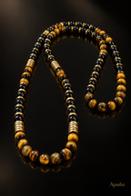 Men’s Tiger Eye & Black Onyx Beaded Necklace 26 Inch Slip On Natural Stone Gold Spacer Necklace Gift for Him