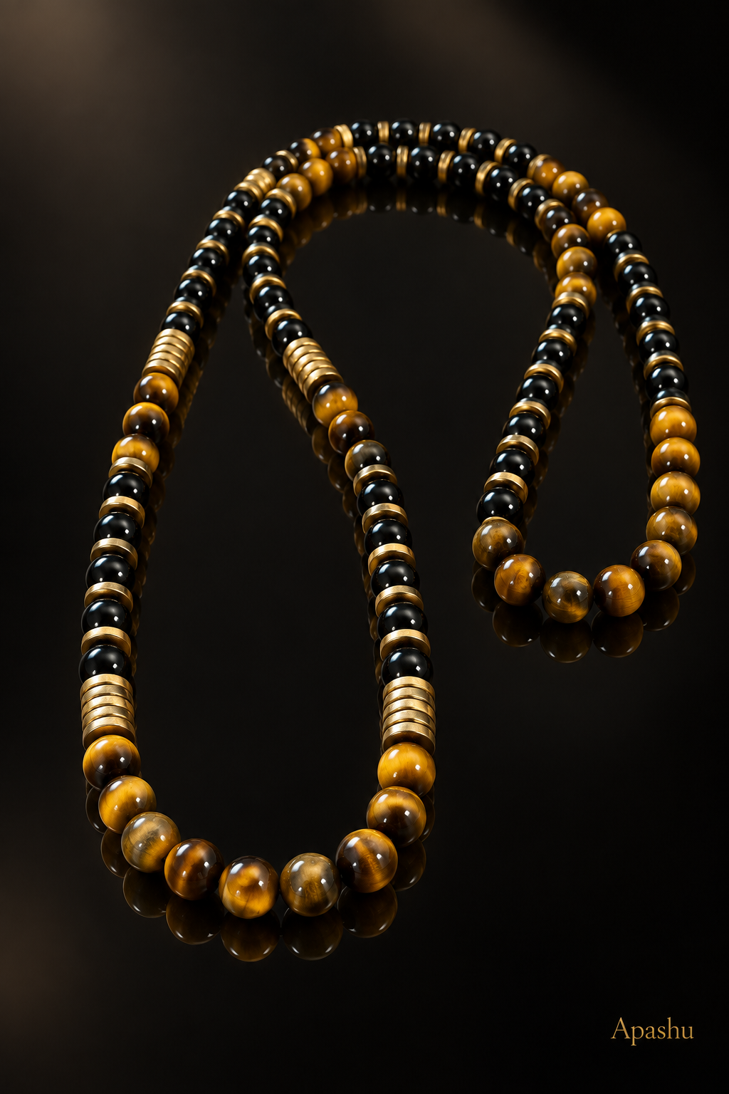 Men’s Tiger Eye & Black Onyx Beaded Necklace 26 Inch Slip On Natural Stone Gold Spacer Necklace Gift for Him