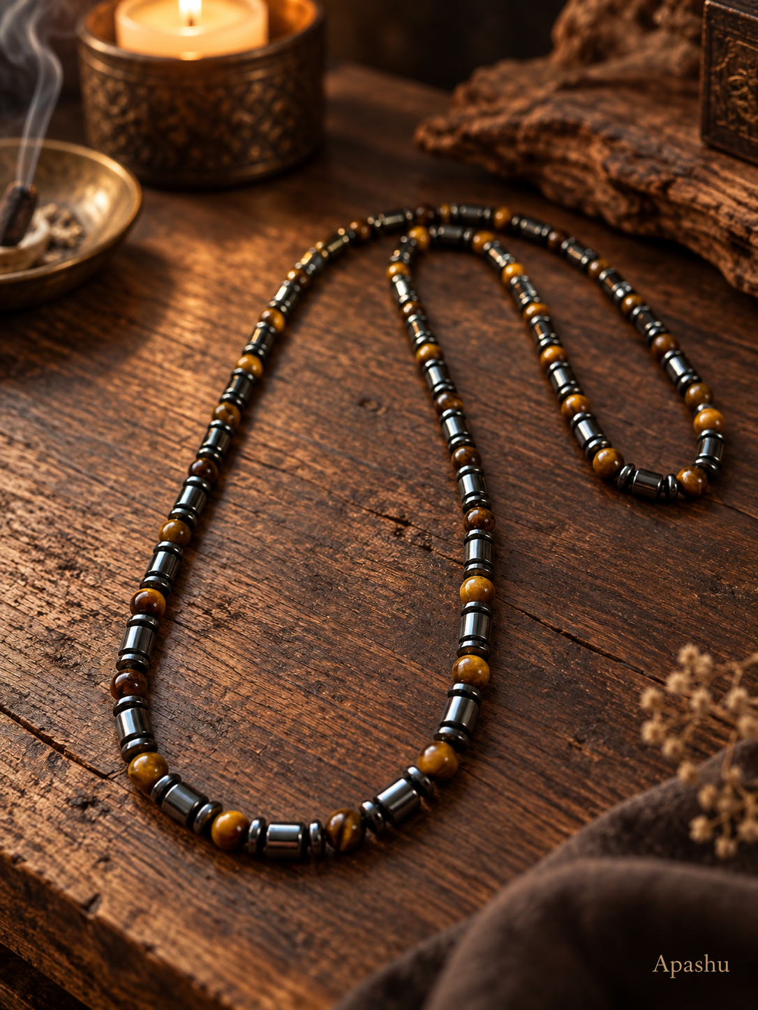 6mm Tiger Eye & Hematite Necklace – 27 Inch – Slip-On Design – Men’s Natural Stone Necklace