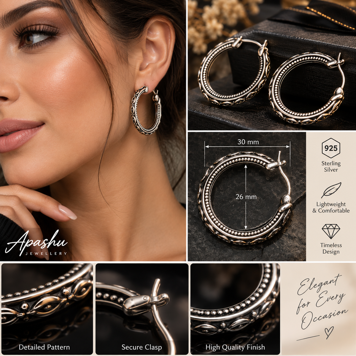 925 Sterling Silver Ornate Hoop Earrings for Women – 30mm