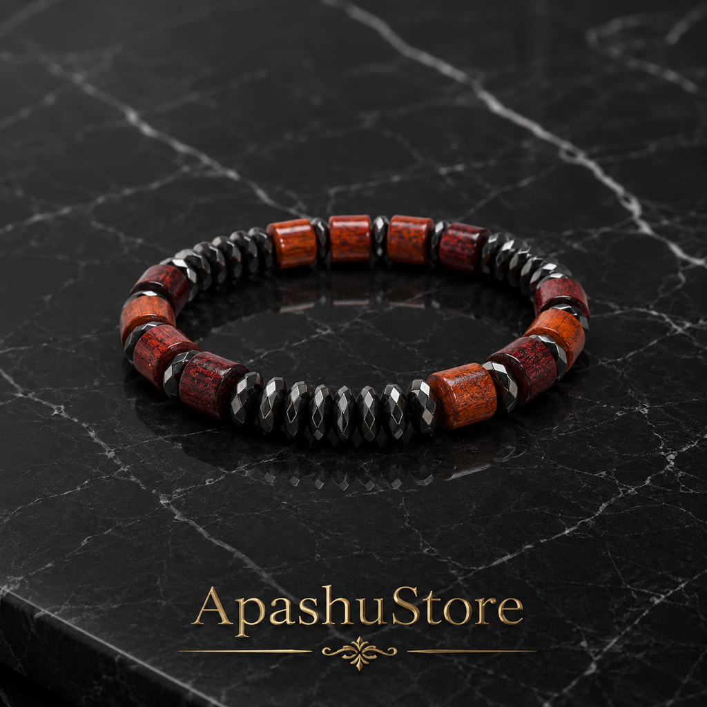 Handmade Wooden & Hematite Bracelet | 8 mm Beads | 19 cm Stretch Bracelet | Custom Size Available | Men’s & Women’s Bracelet