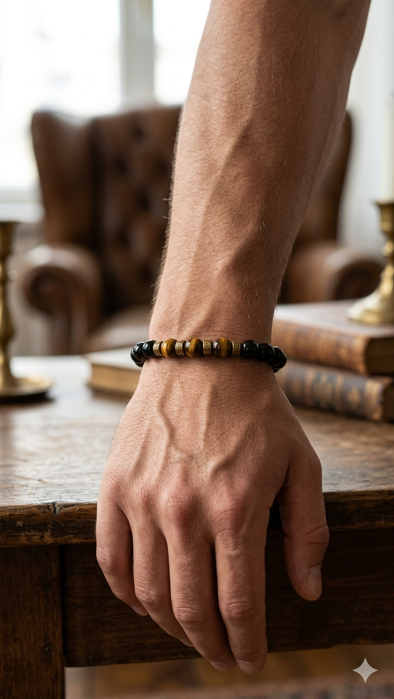 Men’s Natural Stone Bracelet – Tiger Eye & Black Onyx – 19 cm