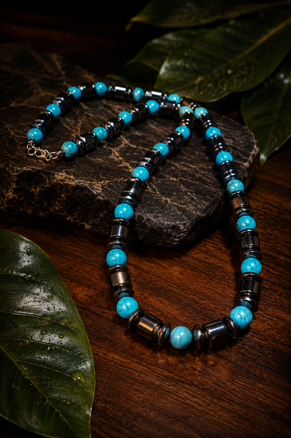 Men’s 6mm Turquoise and Hematite Choker Necklace, Handmade Gemstone Beaded Necklace, Minimalist Jewelry Gift for Him