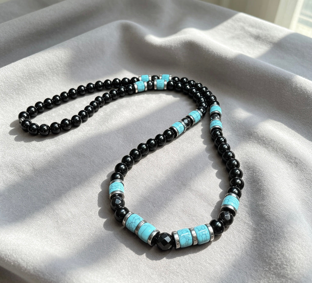 Men’s Onyx & Turquoise Beaded Necklace – 26” (66 cm) | 8 mm Handmade Necklace