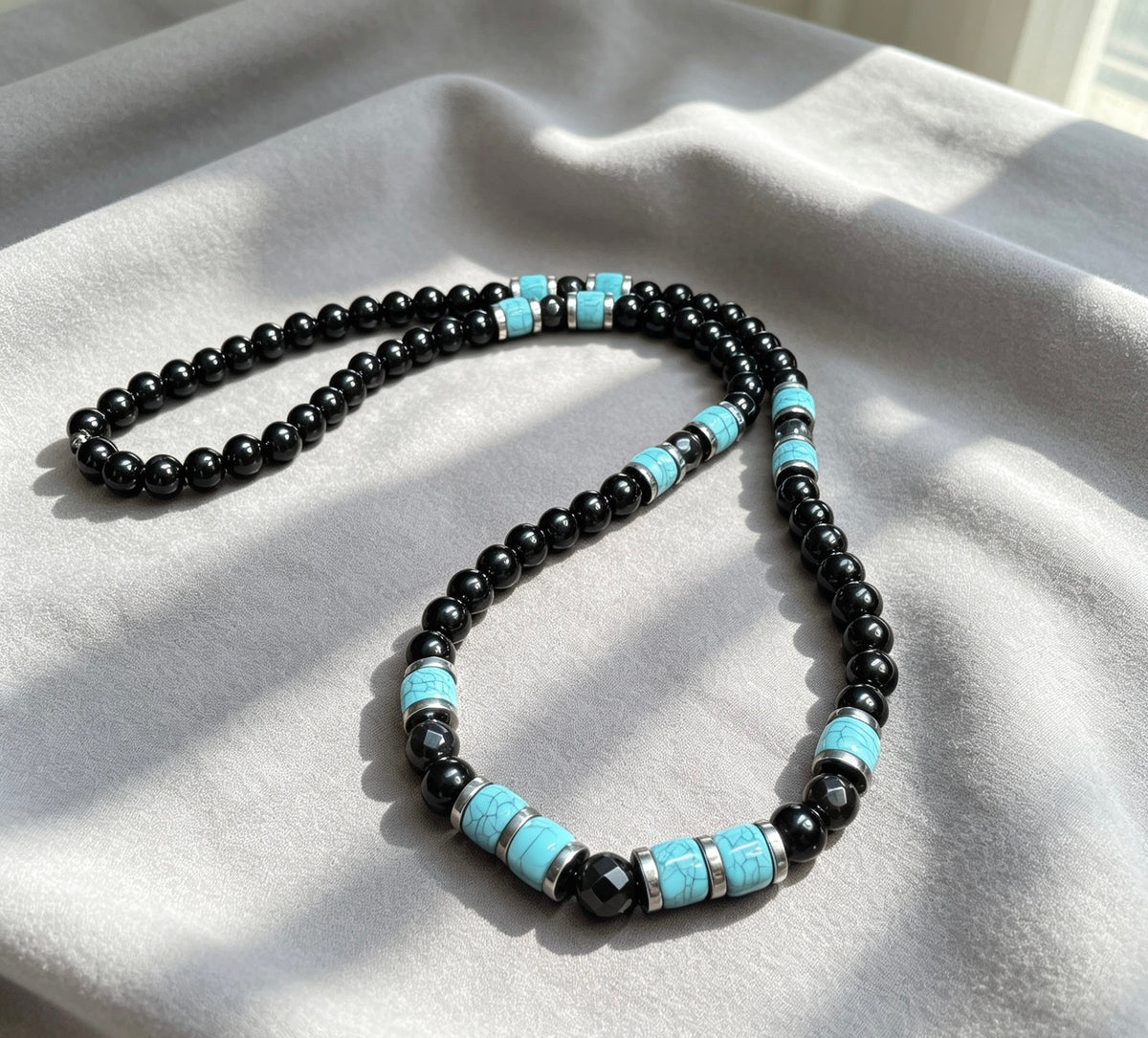 Men’s Onyx & Turquoise Beaded Necklace – 26” (66 cm) | 8 mm Handmade Necklace