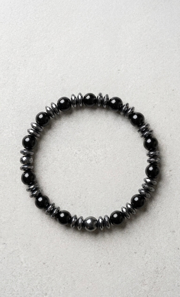 Black Onyx & Hematite Bracelet – 19 cm | Minimal Men’s Beaded Bracelet