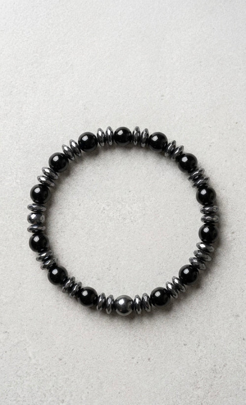 Black Onyx & Hematite Bracelet – 19 cm | Minimal Men’s Beaded Bracelet