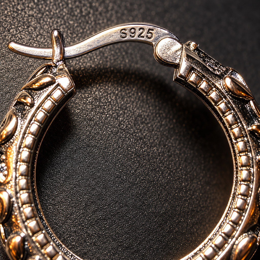 Sterling Silver 925 Ornate Hoop Earrings – 20mm Vintage Floral Design