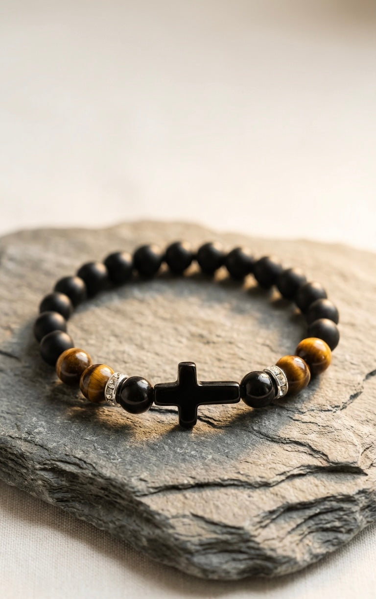 Black Onyx & Tiger Eye Cross Bracelet – Any Size – 19 cm Default – Men Women Gift