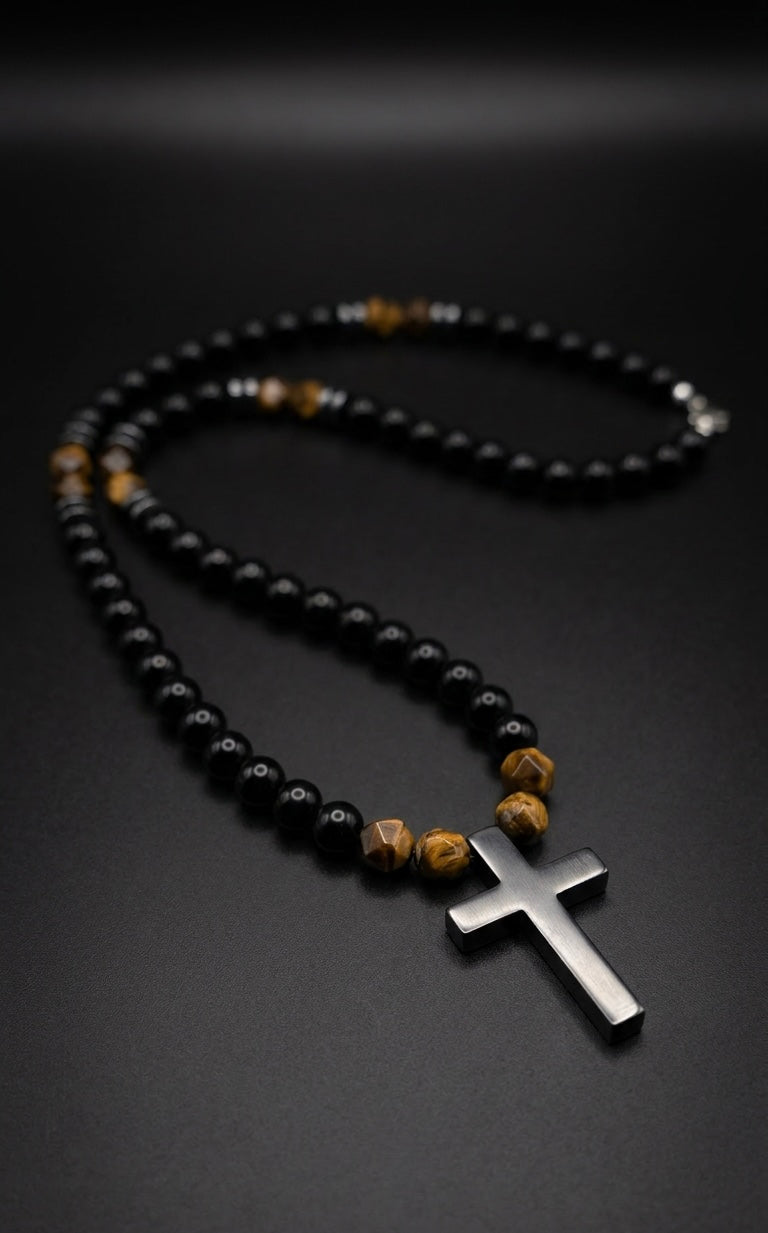 8mm Black Onyx Cross Necklace Men’s Beaded Tiger Eye Clasp Chain Gift
